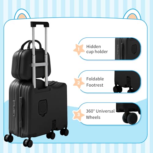 6-Wheel Ride On Luggage with Portable Bag, Foldable Footrest, Carry On Suitcase with Adjustable Handle, TSA Lock, Type-C& USB Interface,Hidden Cup Holder for kids.4
