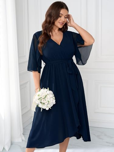 Plus Size Formal Wedding Guest Cocktail Dress for Curvy Women Flutter Sleeve Faux Wrap V Neck Midi Dresses4