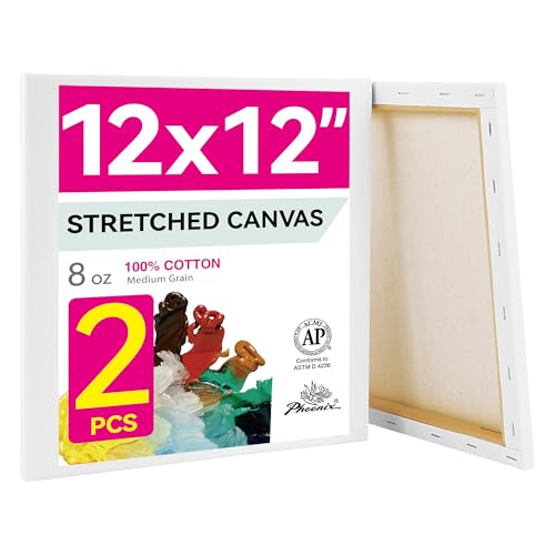 PHOENIX 12x12 Inch Pack of 2 Canvas - 8 Oz Triple Primed 5/8 Inch Profile 100% Cotton White Blank Canvas Square Framed Canvas for Oil Acrylic & Pouring Art