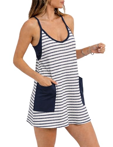 Image of Womens Athletic Sundress with Built-in Shorts Golf Tennis Romper | Sleeveless Mini Spaghetti Strap dress Functional side pockets tummy-friendly fit casual beach vacation