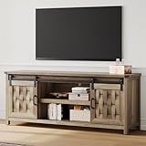 LINSY HOME Farmhouse TV Stand for 65+ Inch TV, Entertainment Center with Sliding Barn Door, Media TV Console Table with Storage Cabinet & Adjustable Shelves for Living Room, Bedroom, Light Brown