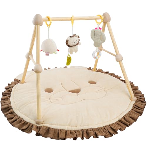 COTTONBEBE 4 IN 1 Gimnasio para Bebé, Alfombra de Juegos con Madera Natural, 3 Juguetes Desmontables para Agarrar, Montessori para 0-3-6-12-36 Meses, León Marrón