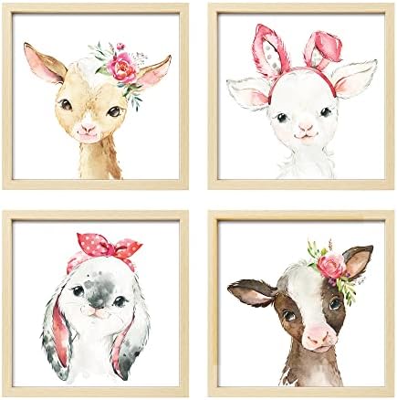 ArtbyHannah Framed Baby Girl Nursery Wall Art Decor with 10x10 Wood Frames and Watercolor Animals Prints for Playroom, Kids Room Decoration, Set of 4