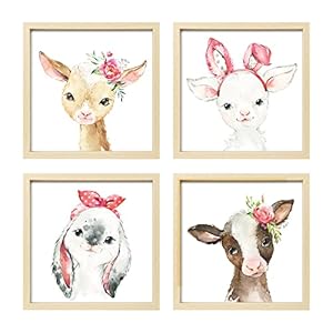 ArtbyHannah Framed Baby Girl Nursery Wall Art Decor with Lightweight 10×10 Wood Frames and Plexiglass Covering, Forest Woodland Animals Prints for Playroom, Kids Room Decoration, Set of 4