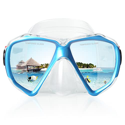 Image of Snorkel Diving Mask Panoramic HD Swim Mask, Anti-Fog Scuba Diving Goggles,Tempered Glass Dive Mask Adult Youth Swim Goggles with Nose Cover for Diving, Snorkeling, Swimming (Lake Blue)