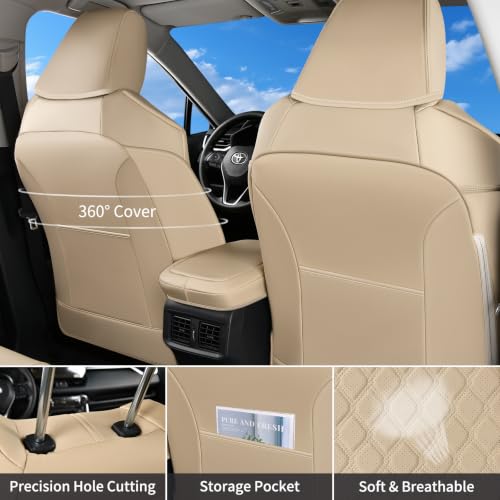 Image of Huidasource Custom Fit RAV4 (Gas Only) Front Seat Covers, Beige Waterproof Faux Leather Full-Coverage for 2019-2024 Toyota RAV4 LE /XLE & XLE Premium /Limited (Does Not Fit Adventure and TRD Off-Road)