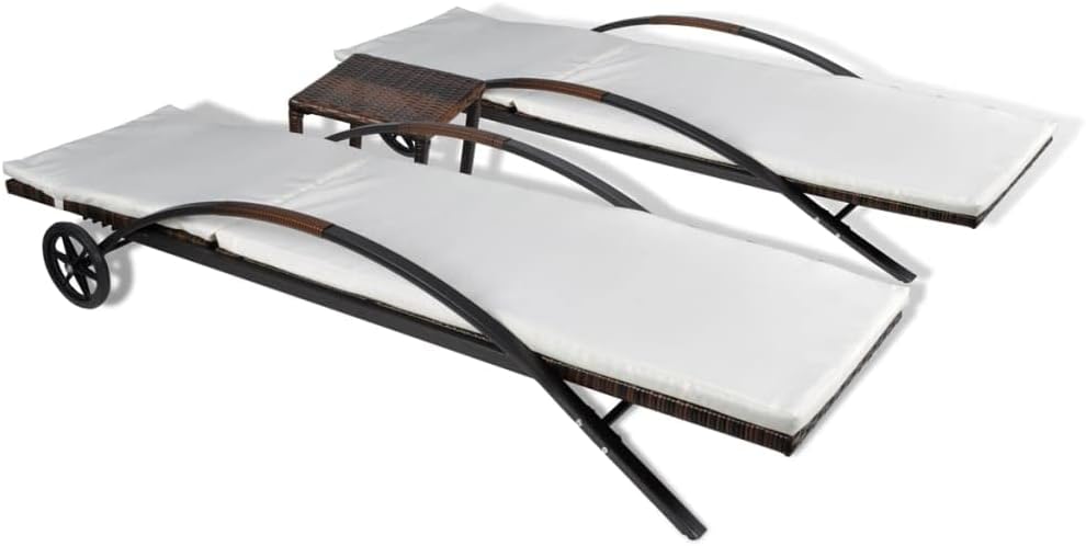 Sun Loungers with Table,Outdoor Table,Patio Furniture,Backrest Adjustable,Outdoor Lounge Chairs,Cushion Cover Washable,with Two Wheels,for Garden,Lawn,Backyard, Poly Rattan Brown