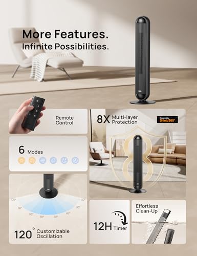 Image of DREO Tower Fan and Heater Combo, 29.2ft /s Standing Fans for Bedroom, 17 Levels, 6 Modes, 120 Oscillation, 42 Inch, 12H Timer, 25dB Quiet, with Remote, for Office, Large Room, Black