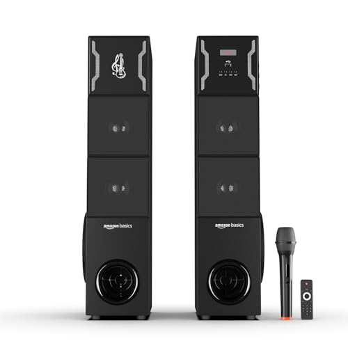 Image of Amazon Basics 2.0CH 125W Multimedia Tower Speakers with Wireless Microphone, Multi-Connectivity Option with Supporting USB, AUX, FM, Mic (Black)