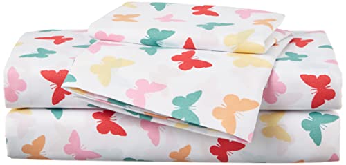 Amazon Basics Kid's Butterfly Friends Soft Easy-Wash Microfiber 3-Piece Sheet Set, Twin, Multi-Color Butterflies, Printed #TOP1