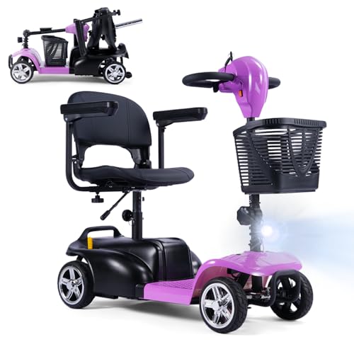 SAYYEAH 4 Wheels Mobility Scooter for Adults&Seniors, Max Speed:6mph, Mobility Scooter for Travel, with LED Headlights and Basket, Charger Included, (Purple/red/Blue/Silver) (Purple)