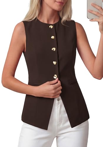 BTFBM Blazers for Women Vest Tops Business Casual Outfits Button Down Sleeveless Pockets Office Work Clothes Spring 2026(Brown Medium)