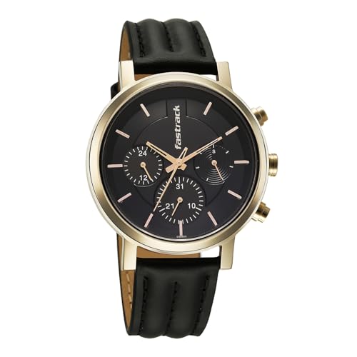 Image of Fastrack Chrome K Quartz Analog with Black Dial Black Leather Strap Watch for Men - 3287QL03