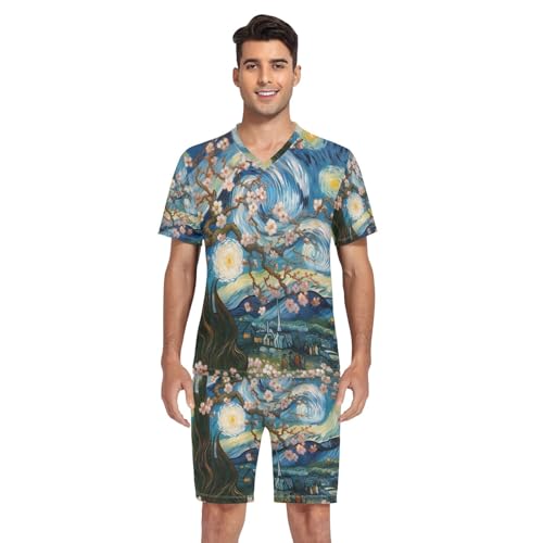 Mens Pajama Short Sleeve Pajama Sets Lounge V Neck 2 Pcs Sleepwear with Pockets, S-XXL4