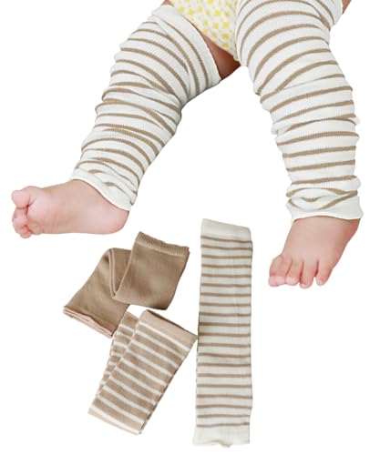 [Maison Peony] 3足セット コットン べビーライン レッグウォーマー 赤ちゃん ボーダー柄 ウォーマー 綿 新生児 1歳 2歳 3歳 ギフト プレゼント 出産祝い 日本製 (ベージュ)