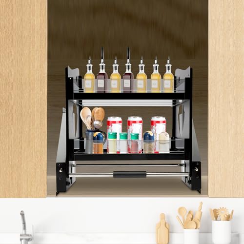 KOLHGNSE Pull Down Cabinet Organizer, 2-Tier Pull Down Shelf, Heavy-Duty Pull Down Spice Rack, Upper Kitchen Wall Cabinet Storage Organizer for Kitchen Appliance (24inch Cabinet)