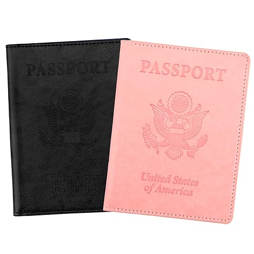 QEYMN Passport Holder, Passport Cover, Passport Holder for Women, 2 Pack Travel Passport Wallet, Leather Passport Case, Passport Protector International Travel Must Haves Accessories, Black+Pink