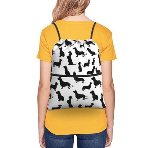 JAYWIS Black Dogs Rucksack mit Dackel-Motiv, mit Kordelzug, mit Reißverschlusstaschen, wasserabweisend, leicht, für Wandern und Fitnessstudio, verstellbare Träger, kompakt