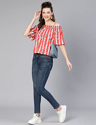 Image of oxolloxo Women Stripe & Floral Digital Print Off -Shoulder Polyester Top