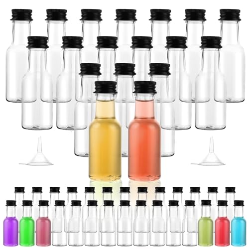 MIVIDE 100 Stück Mini Fläschchen Kunststoff Likörflaschen 25ml Kleine Fläschchen zum Befüllen Wiederverwendbar kleine Schnapsflaschen zum Befüllen mit Deckel und Trichter für Hochzeiten Party
