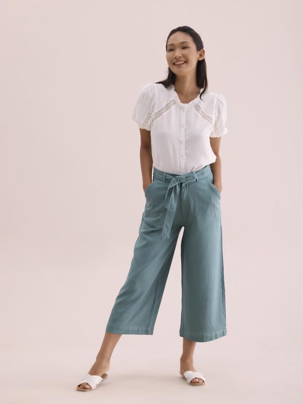 Image of GO COLORS Solid Linen Culottes for Women | High Rise, Side Pockets, Front tie-up