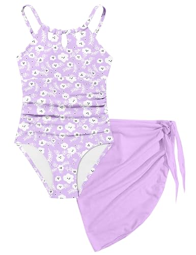 Image of KANGKANG Girls Swimsuit Quick Dry Cut Out One Piece Swimsuits with Tropical Print Cover Up Skirt Bathing Suit Swimwear 7-18Y