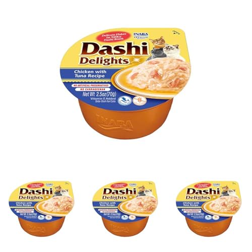 INABA Dashi Delights - Trozos en un Caldo de Copos de Bonito con Pollo y atún - Topping - Alto Contenido en proteínas - Ingredientes Naturales - Delicioso y Saludable - Comida para Gatos - 1 x 70g