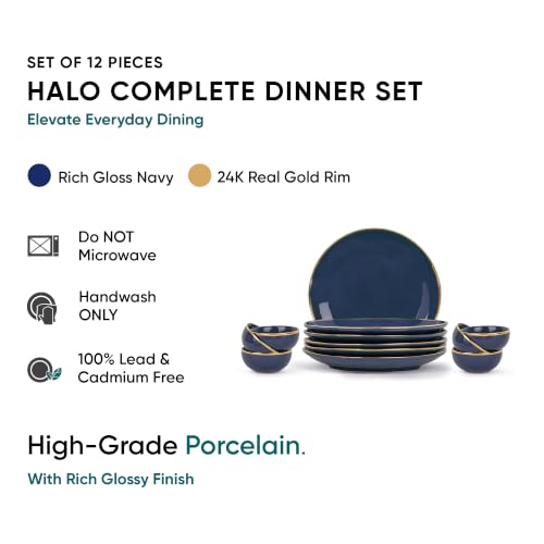 Image of Shay Ceramic Dinner Set, 12 Pcs, Blue Gold | Shay Goldline Series | Crockery Set for Dining Table | Dining Sets Crockery Items | Glossy Finish | Premium Ceramic (Blue Gold, 12 Pieces)