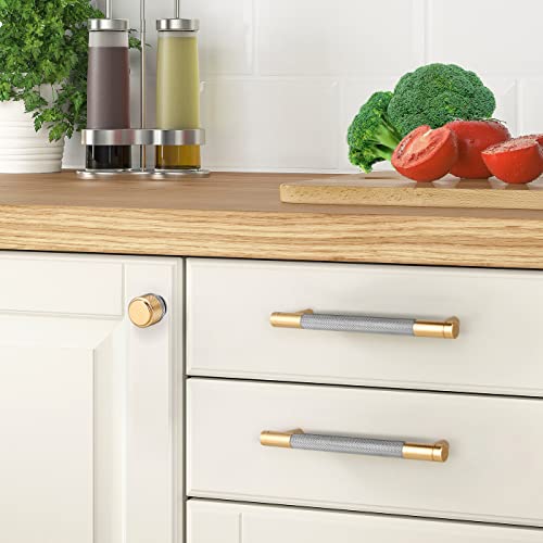Homjoy 30 Pack 5" Grey And Champagne Gold Cabinet Pulls Aluminum Cabinet Handles Knurled Cupboard Handles For Drawer Pulls Oxidation Finish With Diamond Pattern 6.2" Length ( 5" Hole Center) #TOP4