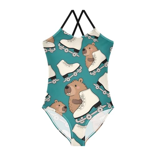 senya Girls Swimsuits Capybara Roller Skates One-Piece Swimwear Quick Dry Girls Bathing Suits for 9-10 Years Old Multicoloured