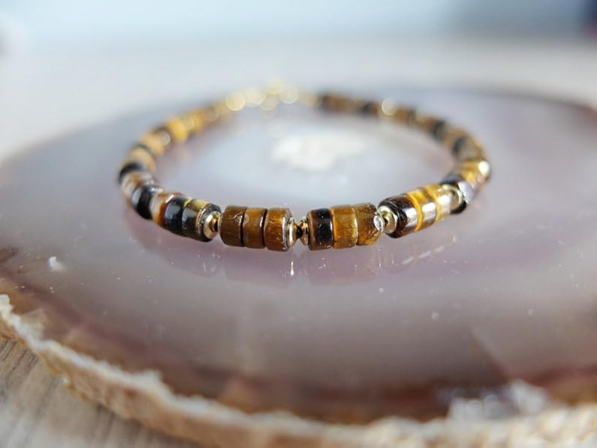 Unisex Tigers Eye Tyre Beaded Bracelet with Gold Lock