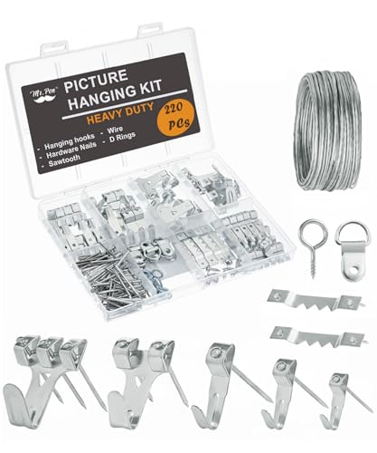 Image of Mr. Pen- Picture Hanging Kit, 220 pcs, Silver, Assorted Hooks, Nails | Sawtooth Hangers, D-Rings, Steel Wire, Ring Hooks, Home Wall Mount Hardware for Frames, Canvas, Decor
