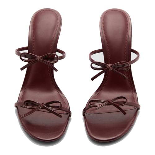 YIYA Women's Cherry Red Bow Kitten Heels Mules Sandals for Fall Open Square Toe Stiletto High Heels Slip On Slipper Party Dress Slide Shoes3