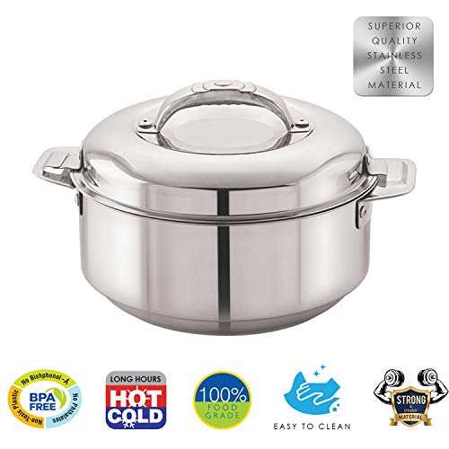Image of CELLO Maxima Insulated Casserole Hot Pot For Kitchen 2000 ml Silver | Easy to Serve Lightweight Outdoor Safe Keeps Food Hot and Warm Airtight Insulated Casserole Hot Pot Pack Set For Roti Rice Biryani