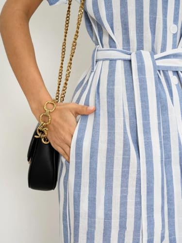 Image of utcoco Women's 2025 Striped Short Sleeve Cotton Maxi Shirt Dress Belted Side Slit Button Down Dress with Pockets