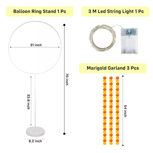 Image of Party Propz Circular Decoration Stand for Backdrop for Pooja - 5 Pcs Ganpati Decoration Setup For Home, Varalakshmi and Janmashtami Backdrop Stand with Artificial Marigold Flowers and Fairy Light