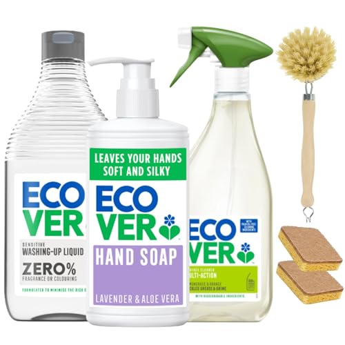 Ecover Household Cleaning Bundle – Washing Up Liquid 450ml, Hand Soap 250ml, Multi-Action Surface Cleaner 500ml, 2 Plant-Based Sponges & Wooden Dish Brush