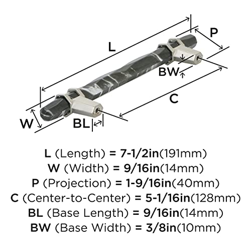 Image of Amerock 5-1 /16 inch Carrione Marble Black /Satin Nickel Drawer Pull | 5-1 /16 inch (128mm) Center-to-Center Mounting Distance and 7-1 /2 inches Overall Length, Durable Zinc Cabinet Hardware
