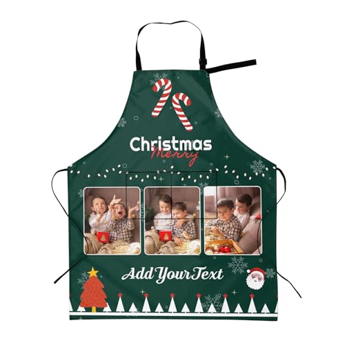Miyeiw Customised Christmas Aprons Gifts for Adults Women Men Teens, Personalised Baking Cooking Kitchen Painting Gardening Chef Aprons with Pockets, Funny Green Apron Printed Collage 3 Photos & Text