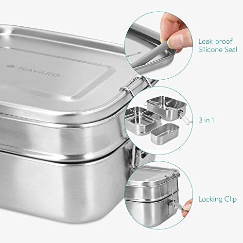 Navaris Large Steel Lunch Box - 2 Tier Stainless Steel Sandwich, Snack, Lunch, Food Storage Container - Bento Box with Bag