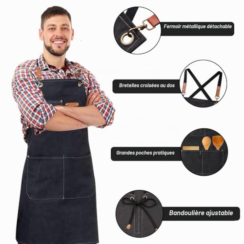 HIUOUIH Tablier Cuisine Homme, Tablier Barbecue Homme Réglable avec 3 Poches, Tabliers Professionnels Femme pour Restaurant, Serveur, Grillades, Marron – vue 3