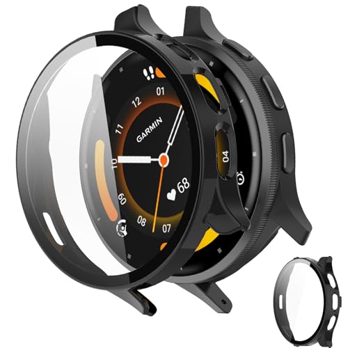 INIAYOH For Garmin Venu 3S カバー ガーミン Venu 3S 保護ケース 強化ガラスフィルム+超耐衝撃PCフレーム 反射低減 指紋防止 軽量スリム設計 (ブラック)