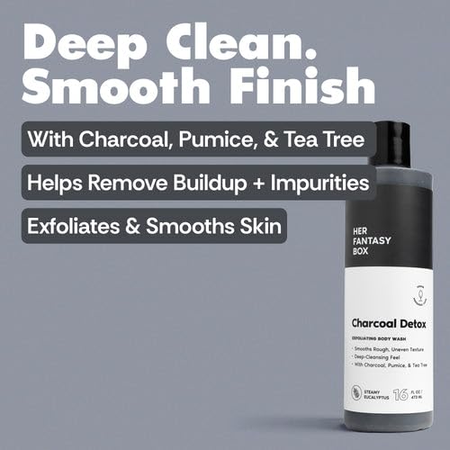 Image of Her Fantasy Box | Charcoal Detox Exfoliating Body Wash - Activated Charcoal & Pumice Deep Cleanser with Tea Tree & Eucalyptus, Refreshing Exfoliation for Smoother Skin, Vegan & pH Balanced (8 oz)