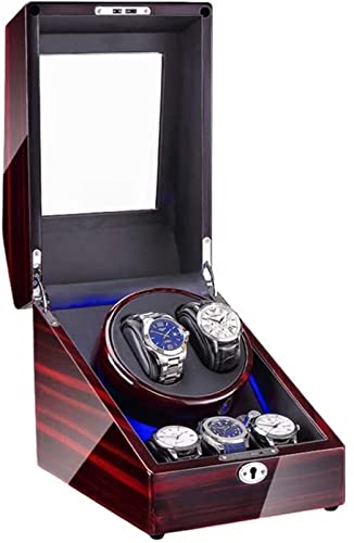 GAROEN Caja enrolladora de Relojes para 2 Relojes automáticos + 3 Espacios de Almacenamiento, Acabado en Pintura de Piano con luz LED Azul, Motor silencioso, Accesorios (B)