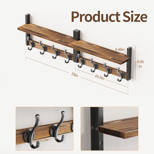 Image of 33 inch Coat Rack Wall Mount with Shelf, Entryway Wall Hooks with Shelf, Heavy Duty Coat Hanger Wall Mount for Living Room, Bedroom, Rustic Brown & Black