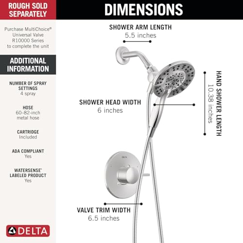 Image of Delta Albion 14 Series Chrome Shower Faucet Set with In2ition 2-in-1 Dual Shower Head with HandHeld Spray Combo, Valve Trim Kit, Chrome T142855-I (Valve Not Included)