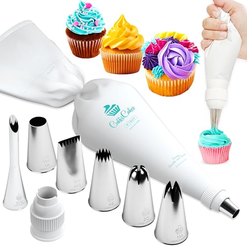 CukkiCakes Kit de Repostería Profesional (9pcs): Manga Pastelera Reutilizable + 6 Boquillas (1M, 2D, 4B, 1A, 124, 895), para Decoración de Cupcakes, Tartas, Churros - Made in Korea & Japan