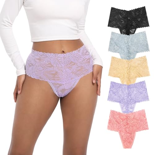 High Waisted Lace Thongs Panties For Women Plus Size Retro Thong High Rise Lacy Underwear Pack 5 Size S-4XL