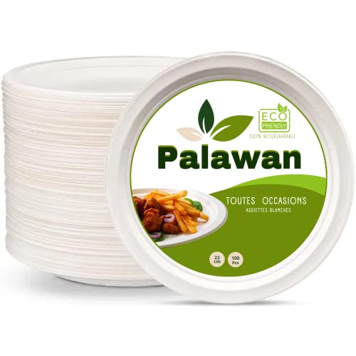 PALAWAN Lot de 100 Assiettes Biodégradables Super Rigides en Carton de canne à sucre 100% Compostable et Ecologique. Très résistante, Réutilisable, Idéale tout évènements, fête, bbq.