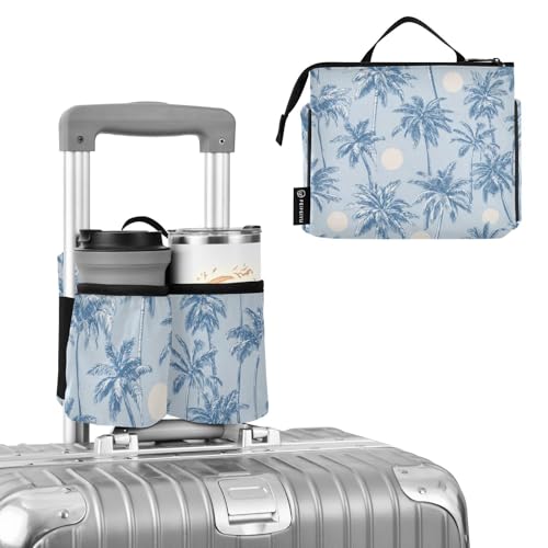 Image of Luggage Cup Holder for Suitcases Free Hands Suitcase Cup Holder Travel Luggage Drink Holder Portable Luggage Cup Caddy Bag Carrier with Handle Light Blue Palm Trees and Sun